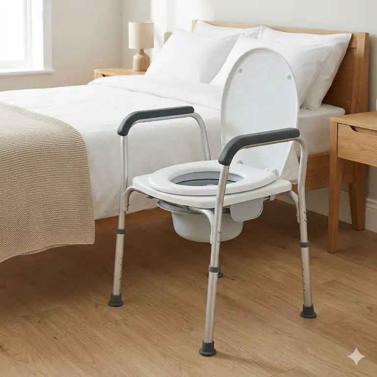 A high-quality bedside commode seat with adjustable legs and padded armrests positioned next to a master bed.