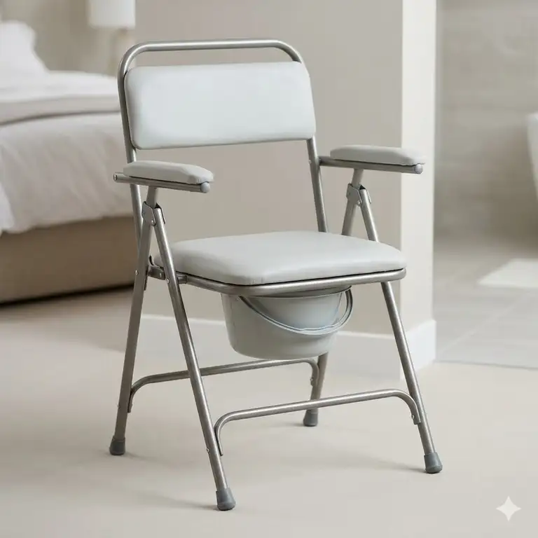 A high-quality medical folding commodes chair with a padded seat and armrests for senior accessibility.