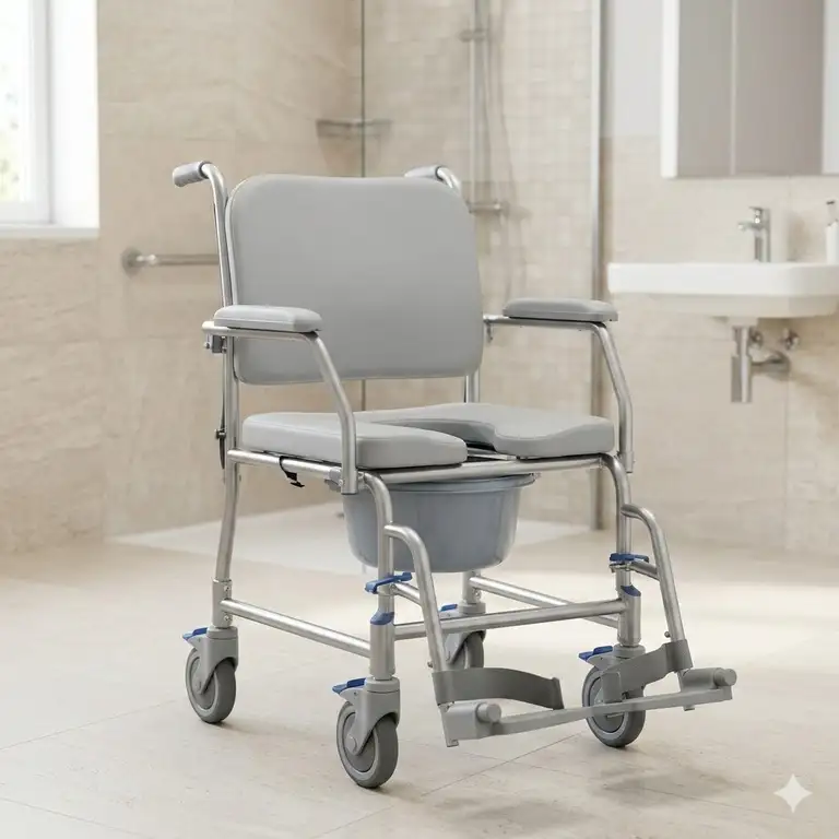 A professional full-view of a modern commode and shower wheelchair with waterproof padding in a bathroom setting.