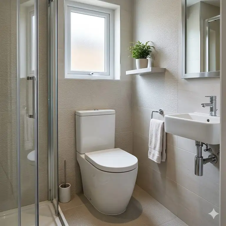 A modern and stylish shallow depth toilet for small bathrooms installed in a contemporary home.