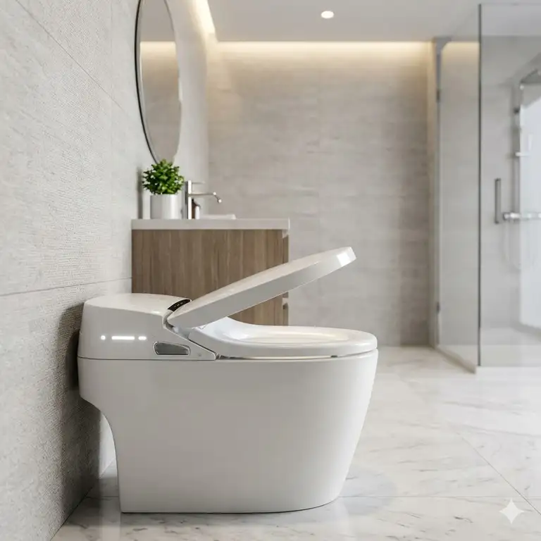 A modern luxury bathroom featuring a smart sensor toilet advanced technology with a sleek design.