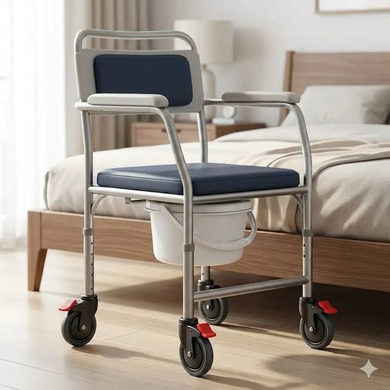 A premium bedside commode with wheels and locking brakes positioned next to a modern bed.