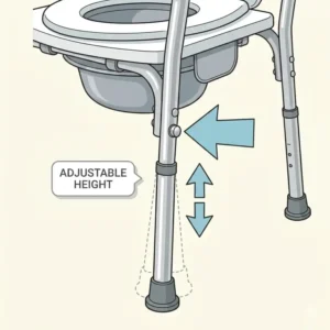 Illustration showing the push-button height adjustment feature on a bedside commode seat frame.