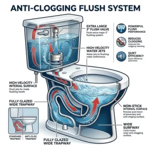 Technical diagram of the flushing system inside the best anti clog toilet.