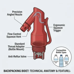 An illustration detailing the specific nozzle and valve features of the best backpacking bidet model.