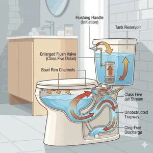 Technical diagram illustrating how the Class Five system makes this the best kohler toilet for not clogging.