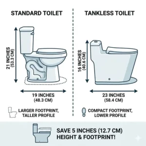 Detailed size comparison showing why homeowners choose tankless toilets for small bathrooms.