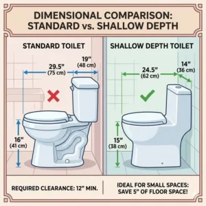 Side-by-side dimensional comparison between a standard toilet and a shallow depth toilet for small bathrooms.