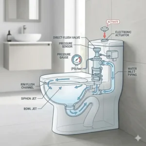 Diagram showing the internal direct-flush valve system of a floor mounted tankless toilet.