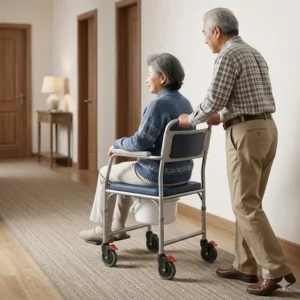 An elderly person being assisted with a portable bedside commode with wheels in a home hallway.