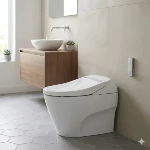 A side view of the sleek and compact toto tankless toilet showcasing its modern design.