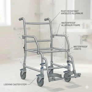 Diagram showing the rust-resistant aluminum frame of this durable commode and shower wheelchair.
