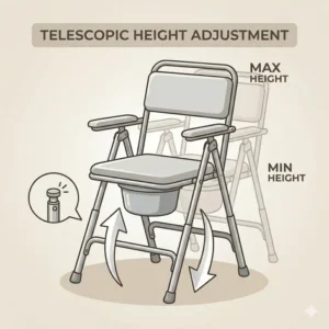 Diagram of folding commodes with adjustable legs to illustrate customizable height settings for users