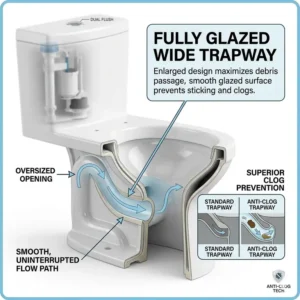 Internal view of the fully glazed wide trapway found in the best anti clog toilet.