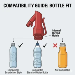 A diagram showing how the best backpacking bidet fits different common types of water bottles.