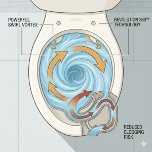 Top-down illustration of the Revolution 360 swirl flush in the best kohler toilet for not clogging, keeping the bowl clean.