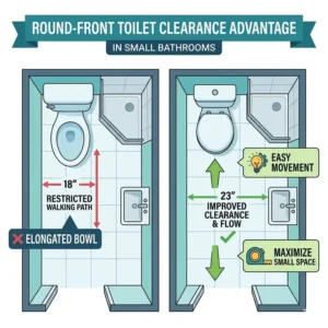 Top-down view showing the space-saving benefits of a round-front shallow depth toilet for small bathrooms.