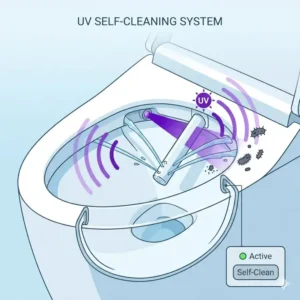 An illustrative diagram of the smart sensor toilet advanced technology showing the self-cleaning nozzle system.