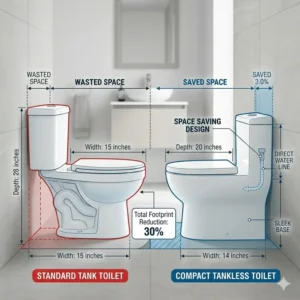 Illustration comparing the small footprint of a floor mounted tankless toilet to a standard bulky tank toilet.