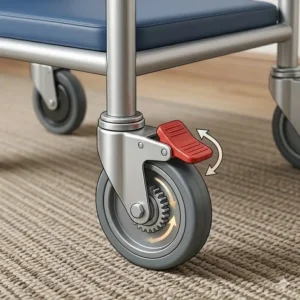 Close-up of the secure locking caster mechanism on a medical bedside commode with wheels.