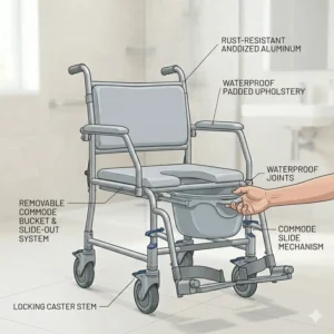 Illustration of the easy-to-clean removable bucket system integrated into the commode and shower wheelchair.