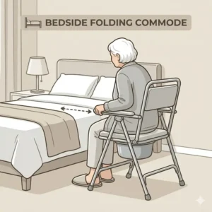 Digital illustration of folding commodes positioned next to a bed to assist individuals with limited mobility.