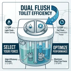 Comparison of dual flush buttons on the best anti clog toilet for water efficiency.