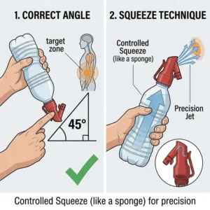A visual guide demonstrating the correct angle and squeeze for the best backpacking bidet.
