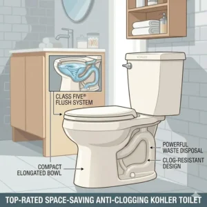 The compact, one-piece Santa Rosa model, frequently cited as the best kohler toilet for not clogging in small spaces.