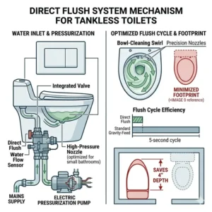 Diagram of the high-pressure direct flush mechanism in tankless toilets for small bathrooms.