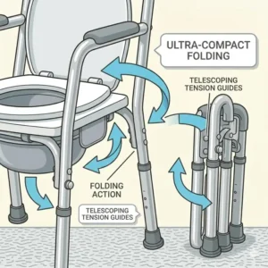 A compact, folded bedside commode seat illustrating how to store the device in small spaces.