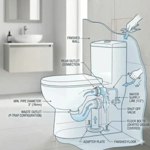 Technical drawing of the rear-outlet plumbing requirements for a floor mounted tankless toilet installation.