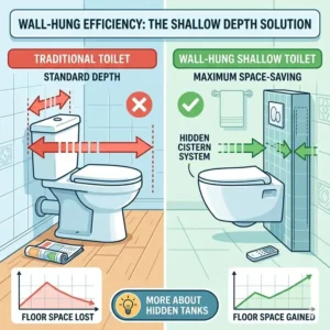 A sleek wall-mounted shallow depth toilet for small bathrooms featuring a hidden tank system.