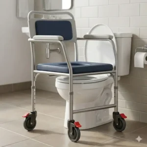A versatile bedside commode with wheels designed to fit perfectly over a standard household toilet.