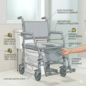 Technical drawing showing the clearance height for a commode and shower wheelchair to fit over a standard toilet.