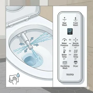 Close-up of the bidet spray nozzle and integrated remote control features for a toto tankless toilet.