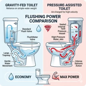 Infographic comparing gravity and pressure-assisted power of the best anti clog toilet.