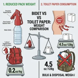 A weight and waste comparison infographic of the best backpacking bidet versus toilet paper.