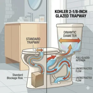 Comparison view showing a standard trapway versus the larger glazed trapway of the best kohler toilet for not clogging.