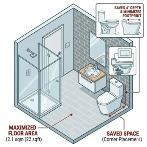 Floor plan showing efficient corner placement for tankless toilets for small bathrooms.
