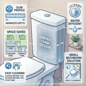 Detailed view of a slim profile tank design on a shallow depth toilet for small bathrooms.