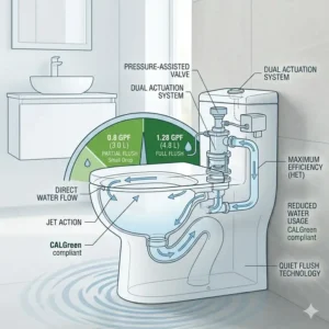 Graphic highlighting the dual-flush water-saving technology in a floor mounted tankless toilet.
