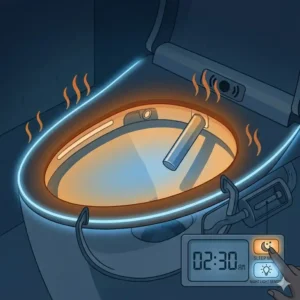 A night-time scene showing the integrated LED night light on a smart sensor toilet advanced technology.