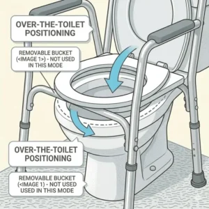 Illustration of a bedside commode seat being used as a raised toilet seat frame over a standard bathroom toilet