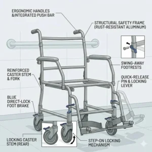 Detailed view of the locking casters and safety brakes on a high-quality commode and shower wheelchair.