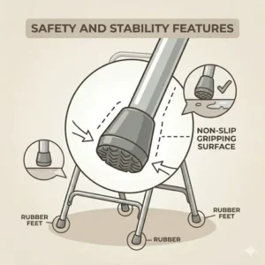 Close-up illustration of non-slip rubber feet on folding commodes frame for enhanced stability and safety.