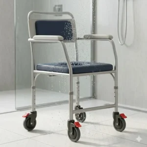 Waterproof padded seat on a bedside commode with wheels suitable for roll-in shower use.
