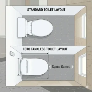 A floor plan comparison showing how a toto tankless toilet saves space in small bathroom layouts.