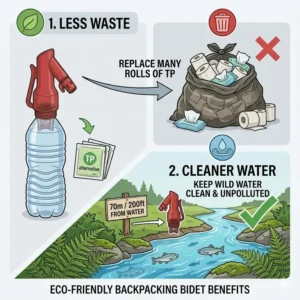 An illustration of Leave No Trace principles when using the best backpacking bidet in the woods.