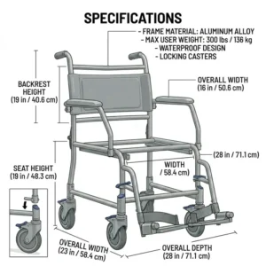 Graphic displaying the weight capacity and overall dimensions of the commode and shower wheelchair.